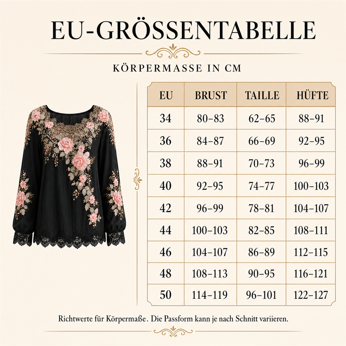 Allgemeiner EU-Größenratgeber 34 bis 50