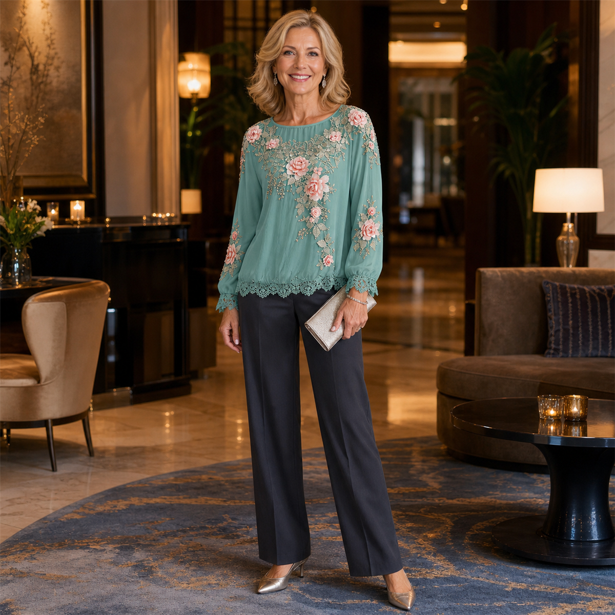 Blouse fleurie en dentelle associée à un pantalon clair