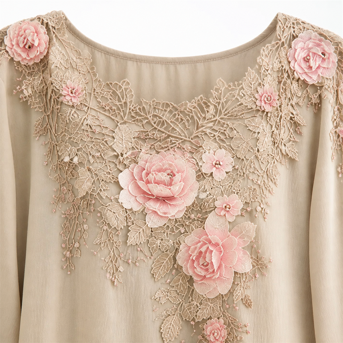 Détail de l'encolure ronde et des fleurs décoratives