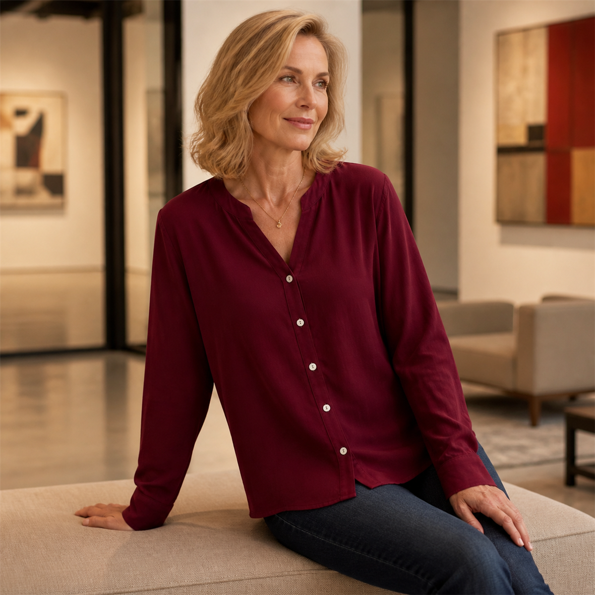 Women's Relaxed V-Neck Button-Front Long-Sleeve Top - Worn in a bright casual setting