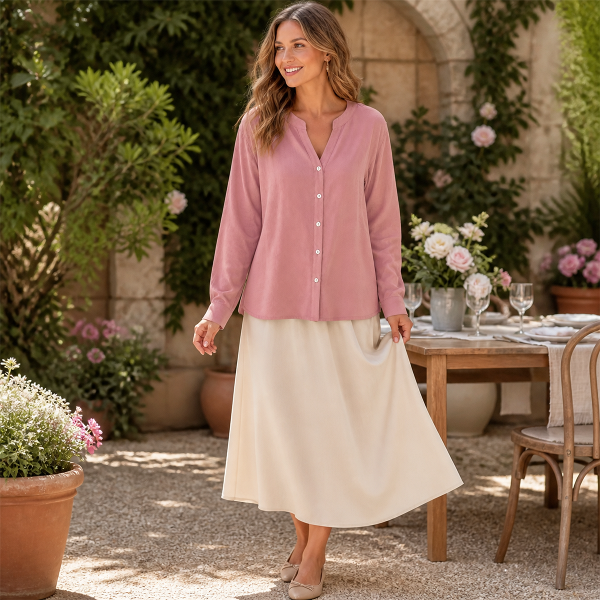 Women's Relaxed V-Neck Button-Front Long-Sleeve Top - Styled for a relaxed weekend