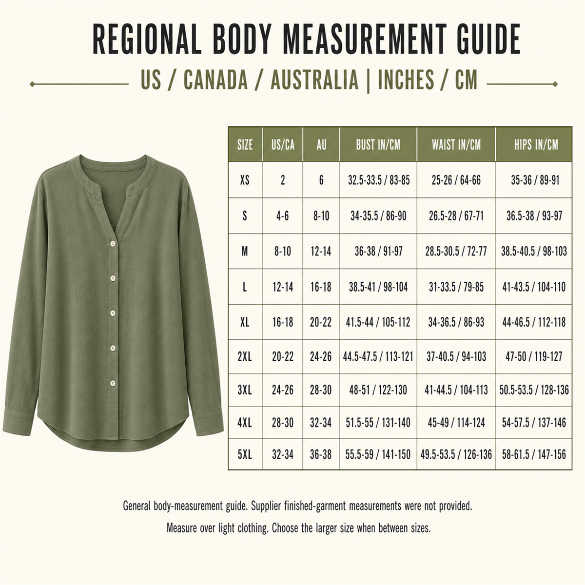 Women's relaxed V-neck button-front long-sleeve top detailed regional body measurement guide XS to 5XL