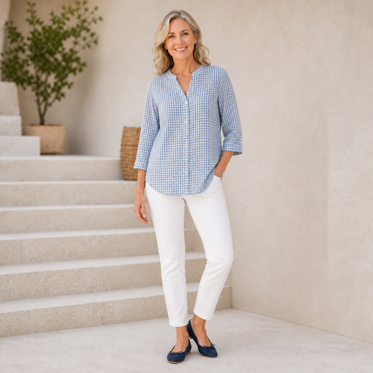 Women's Relaxed Gingham Button-Front Three-Quarter-Sleeve Blouse - Styled with tailored separates