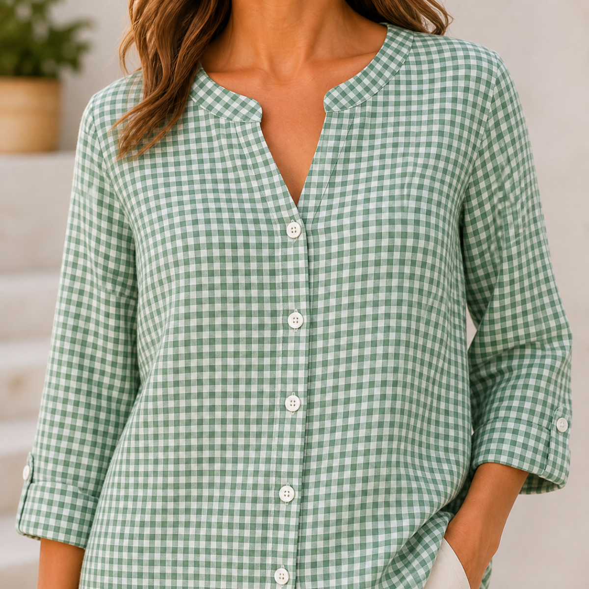 Women's Relaxed Gingham Button-Front Three-Quarter-Sleeve Blouse - Detail of