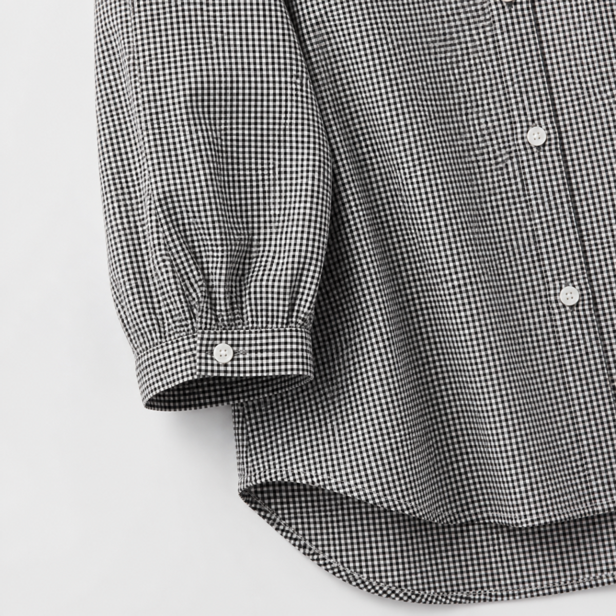 Women's Relaxed Gingham Button-Front Three-Quarter-Sleeve Blouse - Collarless split V neckline and white button placket