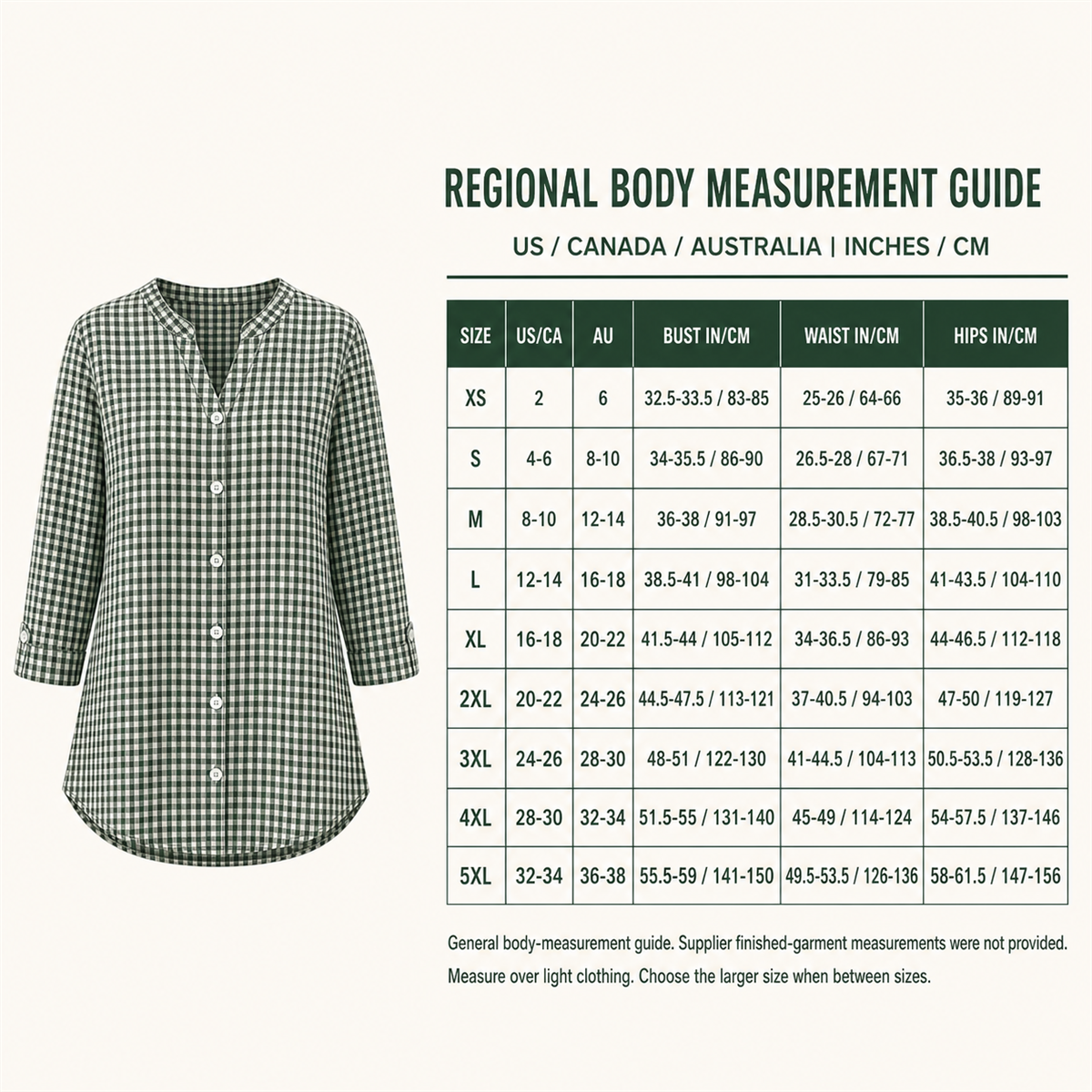 Women's relaxed gingham button-front three-quarter-sleeve blouse detailed regional body measurement guide XS to 5XL