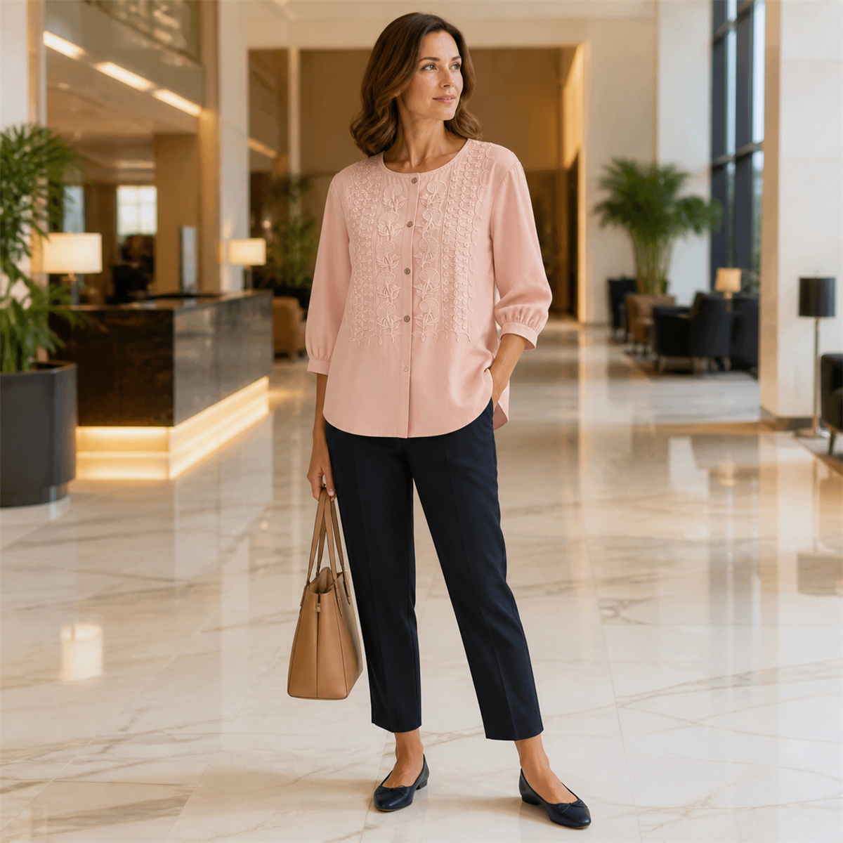 Women's Embroidered Button-Front Three-Quarter-Sleeve Blouse - Worn during an easy weekend outing