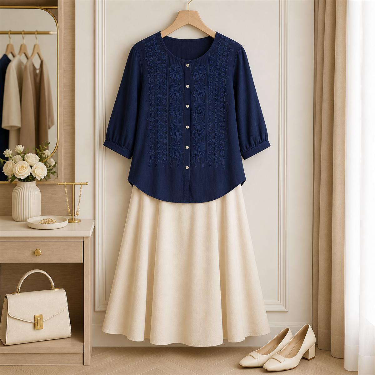 Women's Embroidered Button-Front Three-Quarter-Sleeve Blouse - Styled with tailored separates