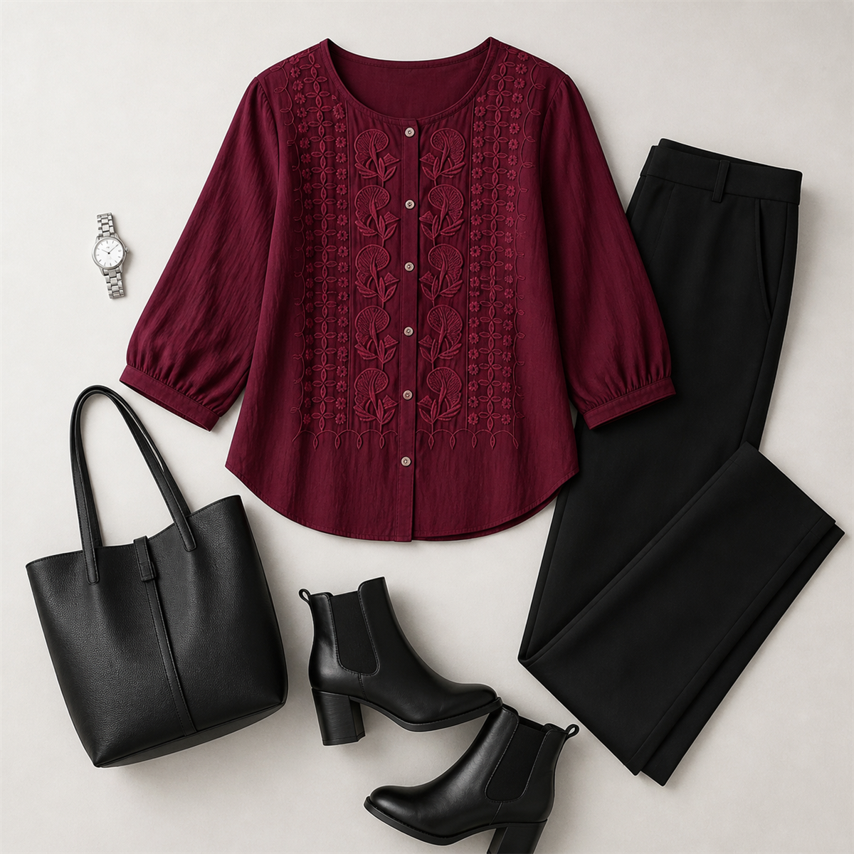 Women's Embroidered Button-Front Three-Quarter-Sleeve Blouse - Styled for a relaxed weekend