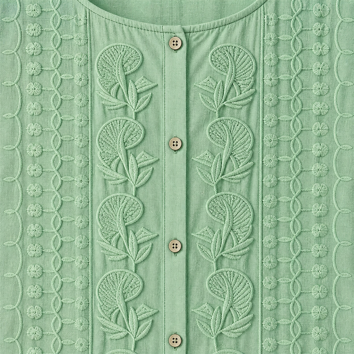 Women's Embroidered Button-Front Three-Quarter-Sleeve Blouse - Soft round neckline and full button-front construction