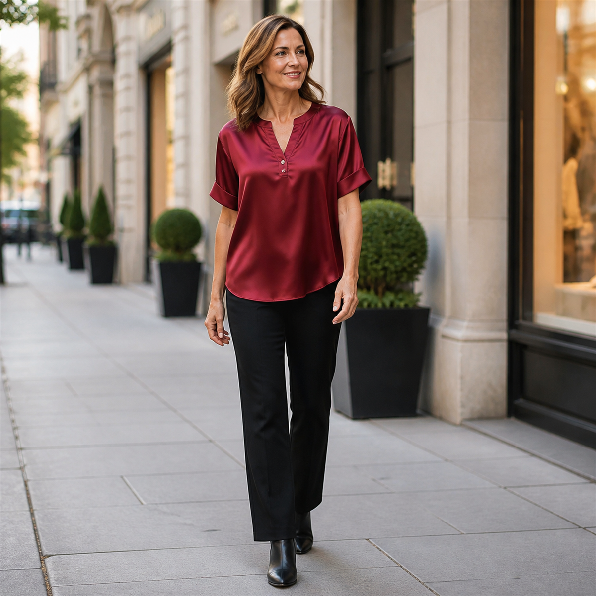 Women's Satin-Look Notch-Neck Short-Sleeve Blouse - Worn during an easy weekend outing
