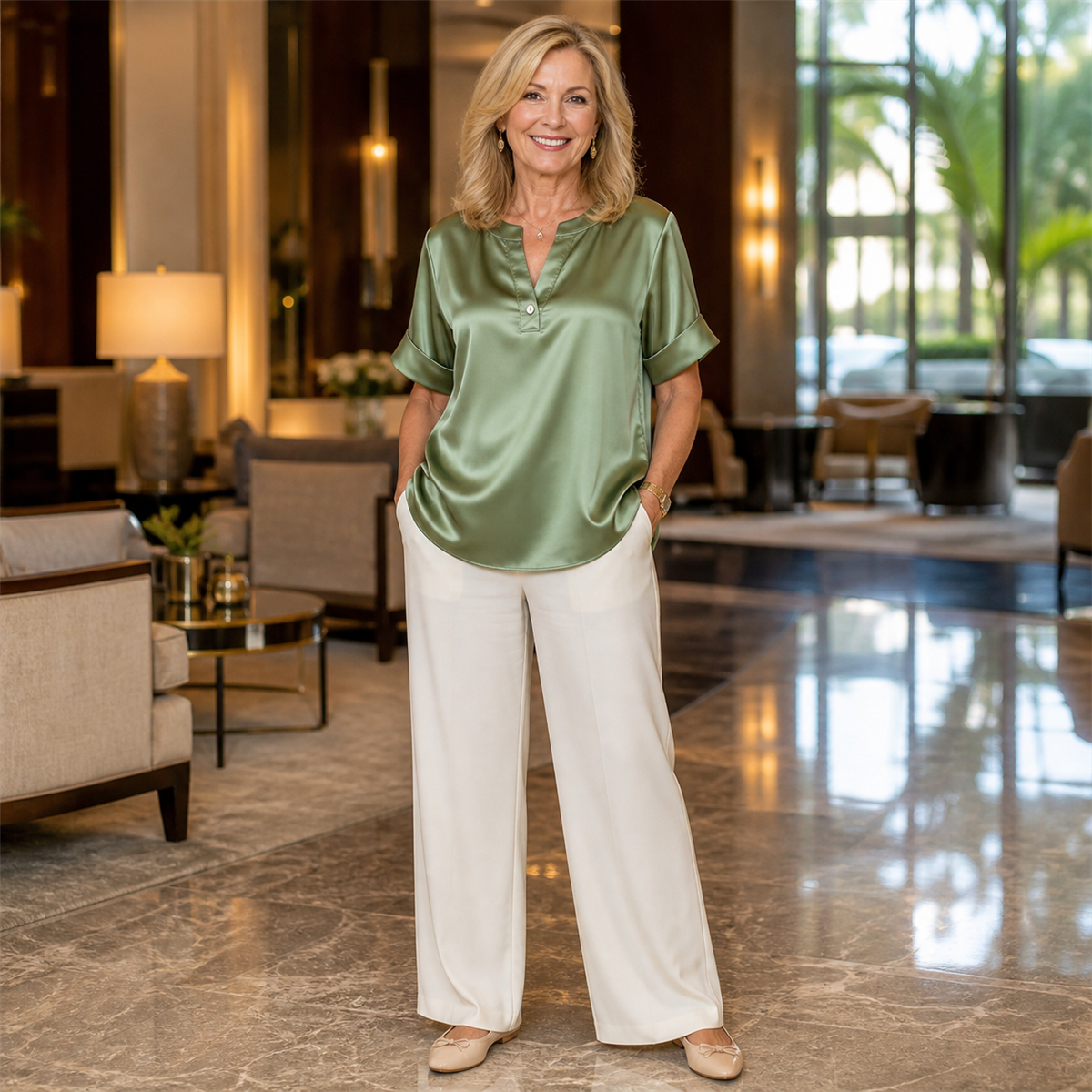 Women's Satin-Look Notch-Neck Short-Sleeve Blouse - Worn in a bright casual setting