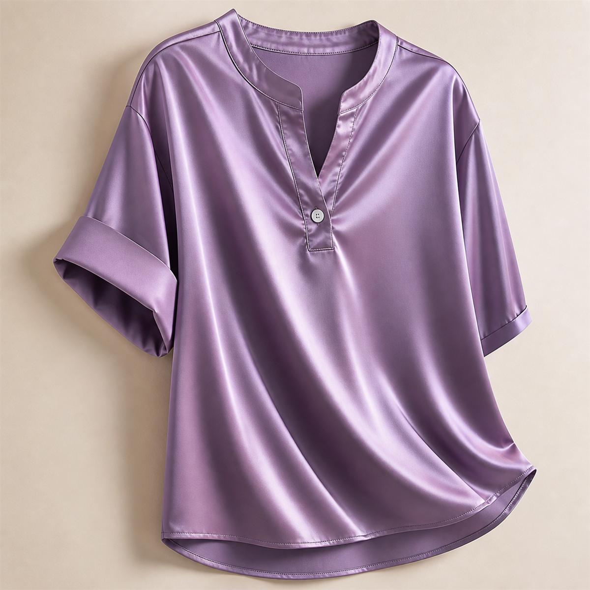 Women's Satin-Look Notch-Neck Short-Sleeve Blouse - Notch V neckline with a short three-button placket
