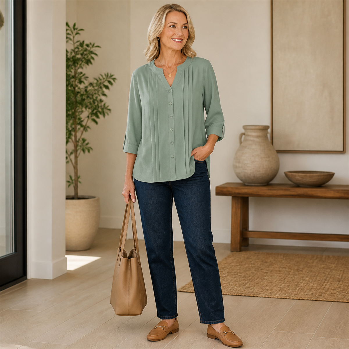 Women's Relaxed Pleated Button-Front Three-Quarter-Sleeve Blouse - Styled with denim
