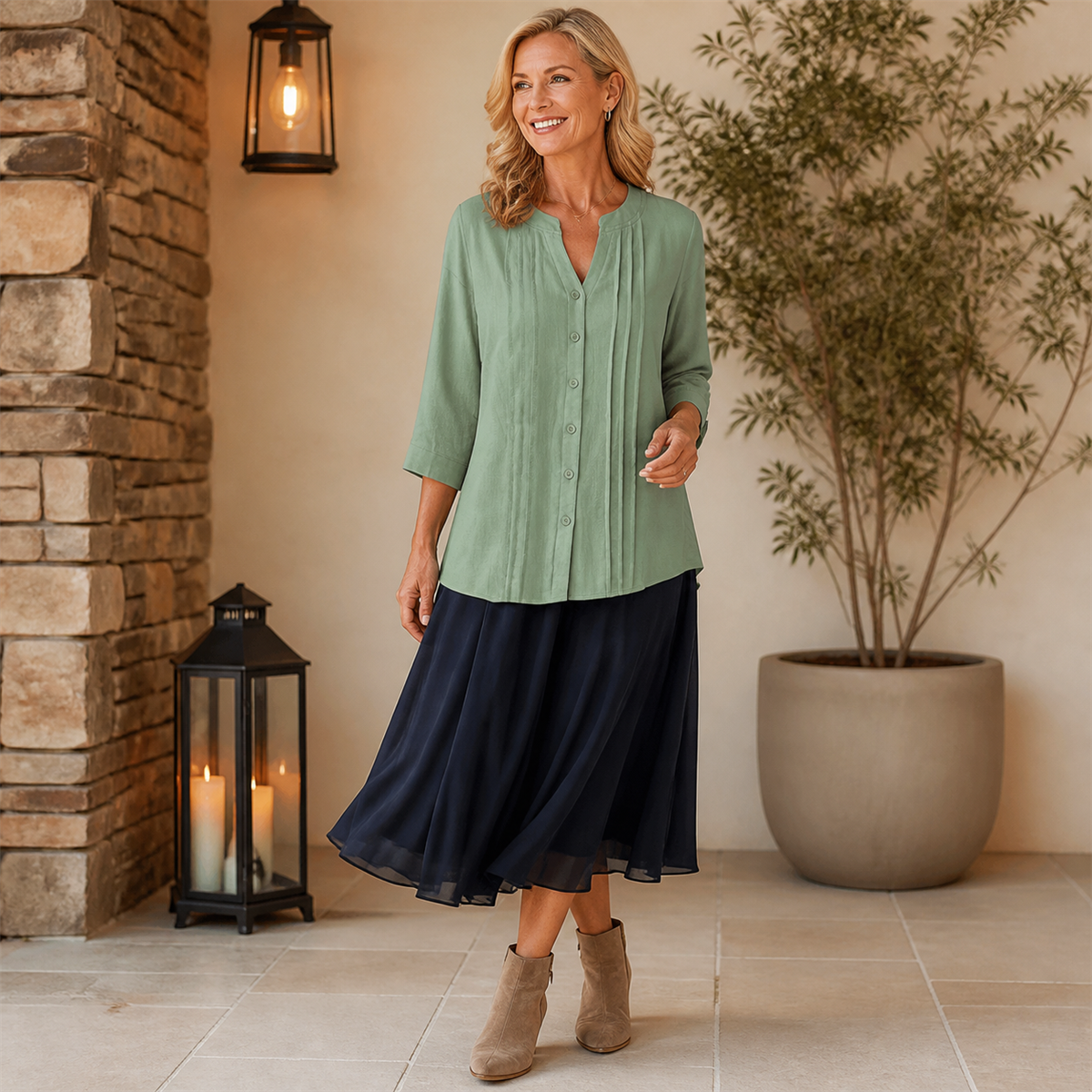 Women's Relaxed Pleated Button-Front Three-Quarter-Sleeve Blouse - Styled for a relaxed weekend