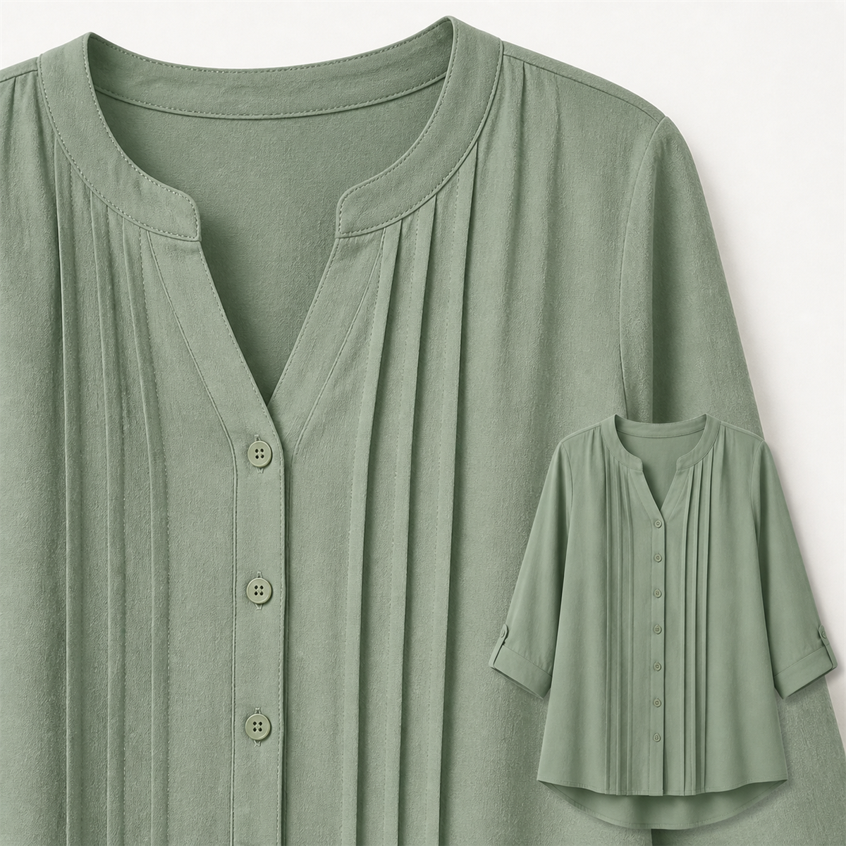 Women's Relaxed Pleated Button-Front Three-Quarter-Sleeve Blouse - Detail of