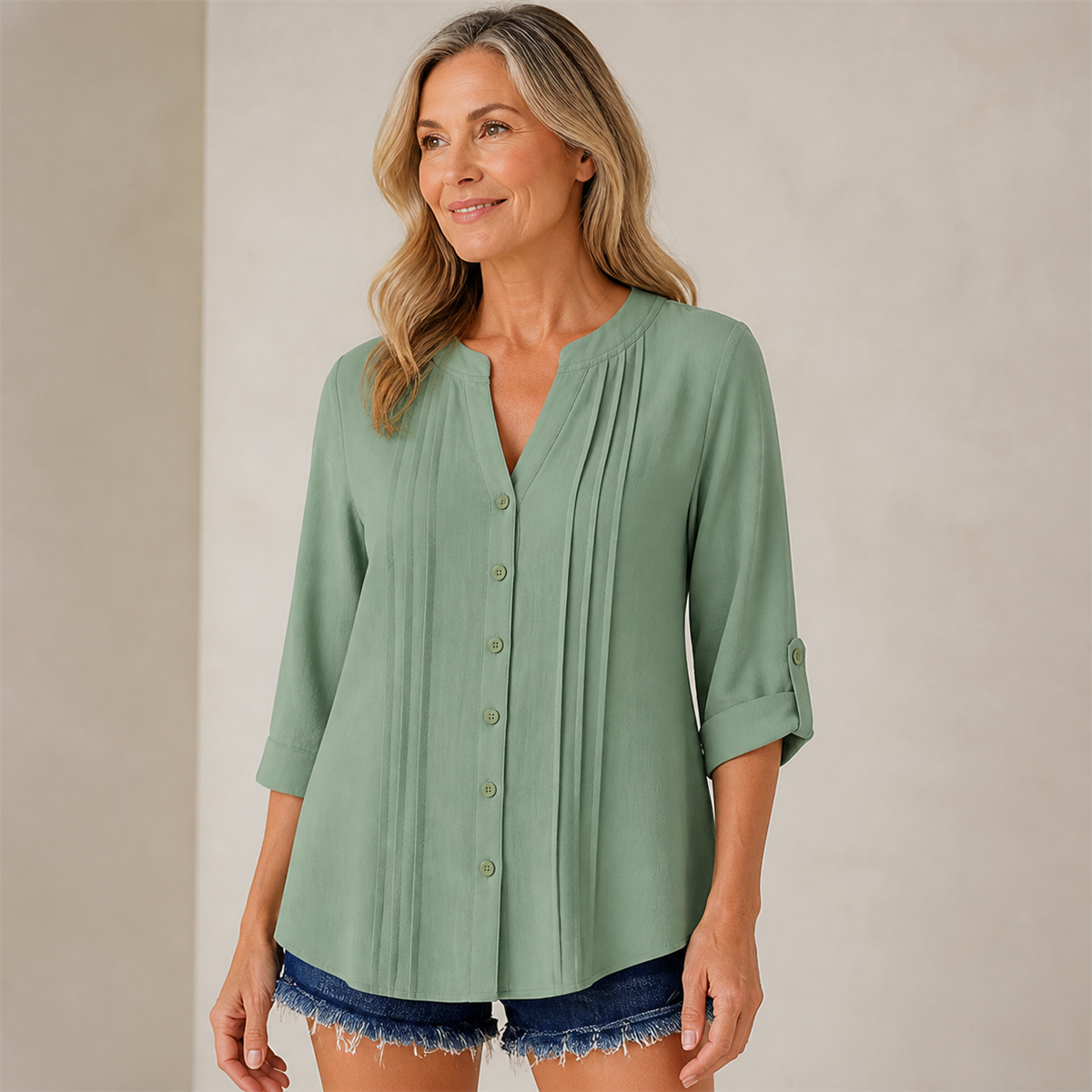 Women's Relaxed Pleated Button-Front Three-Quarter-Sleeve Blouse - Split neckline with soft vertical pleats and a full button front