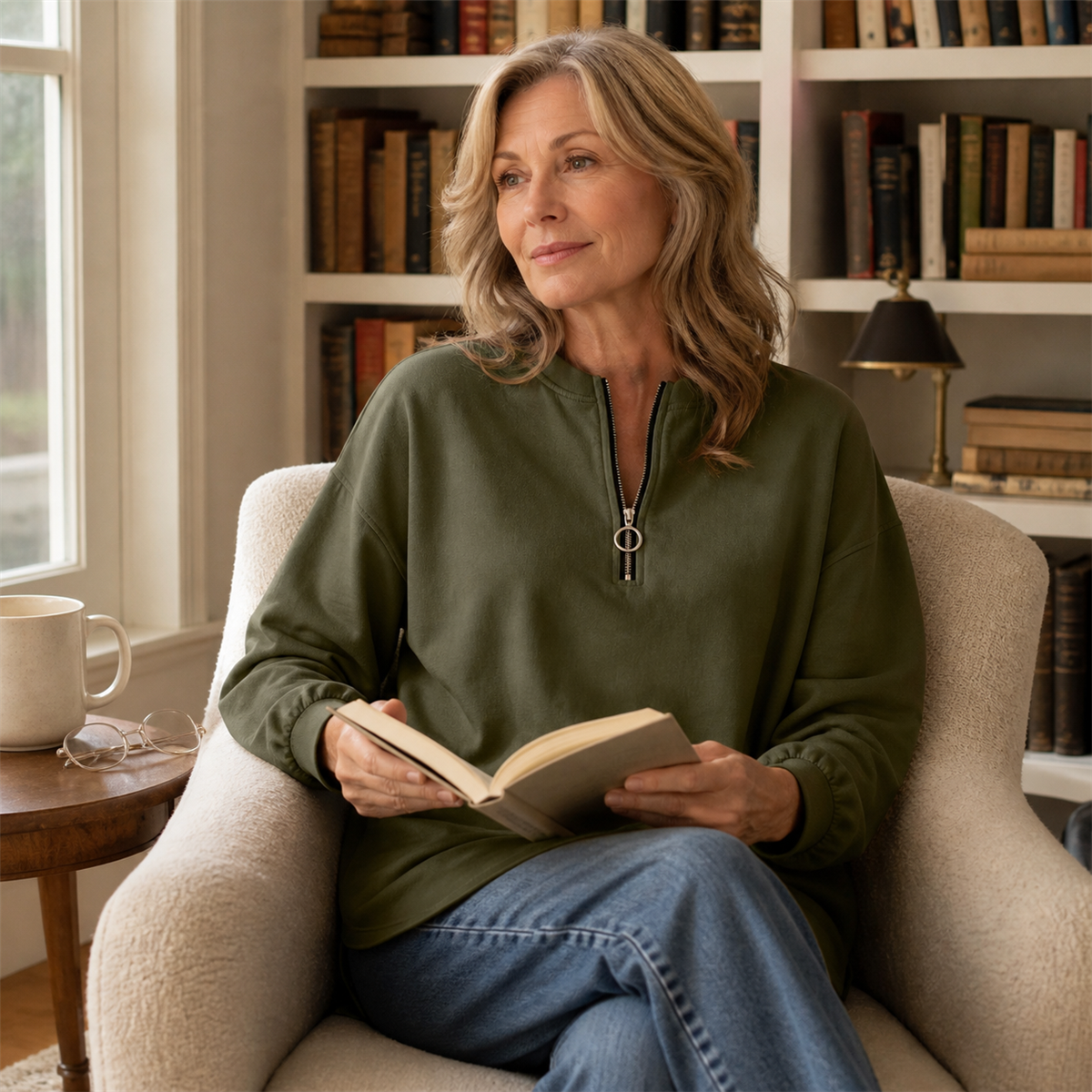 Women's Relaxed Half-Zip Long-Sleeve Pullover Top - Worn in a bright casual setting