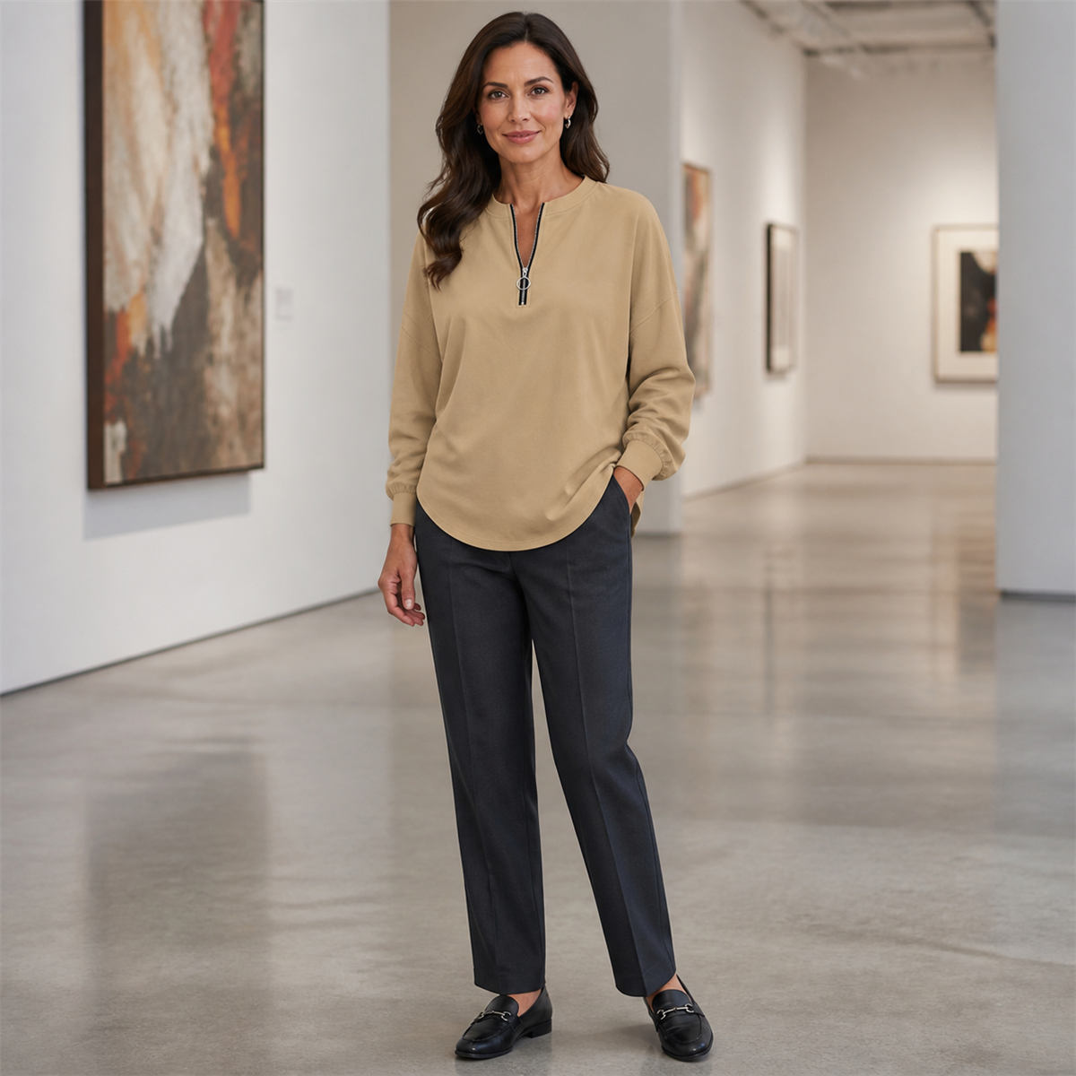 Women's Relaxed Half-Zip Long-Sleeve Pullover Top - Styled with denim