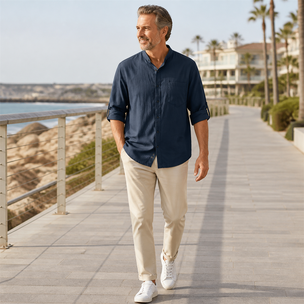 Men's Relaxed Mandarin-Collar Three-Quarter-Sleeve Button-Front Shirt - Worn during an easy weekend outing