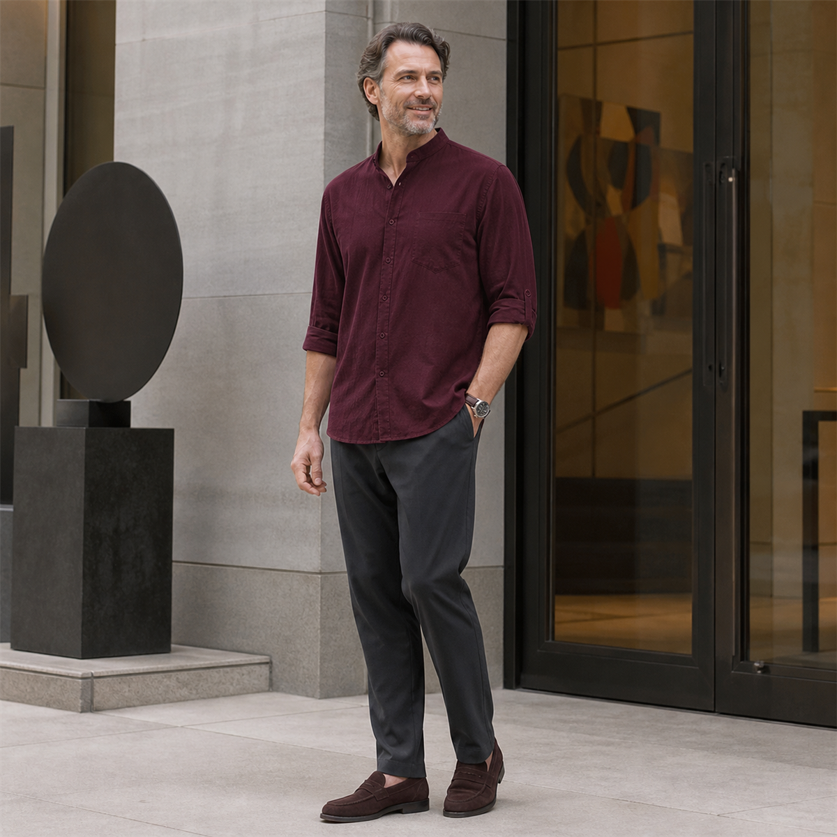 Men's Relaxed Mandarin-Collar Three-Quarter-Sleeve Button-Front Shirt - Worn in a bright casual setting