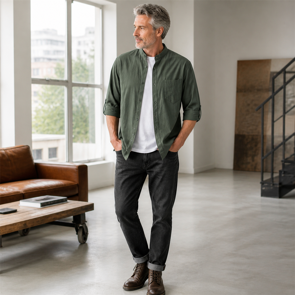 Men's Relaxed Mandarin-Collar Three-Quarter-Sleeve Button-Front Shirt - Styled with denim