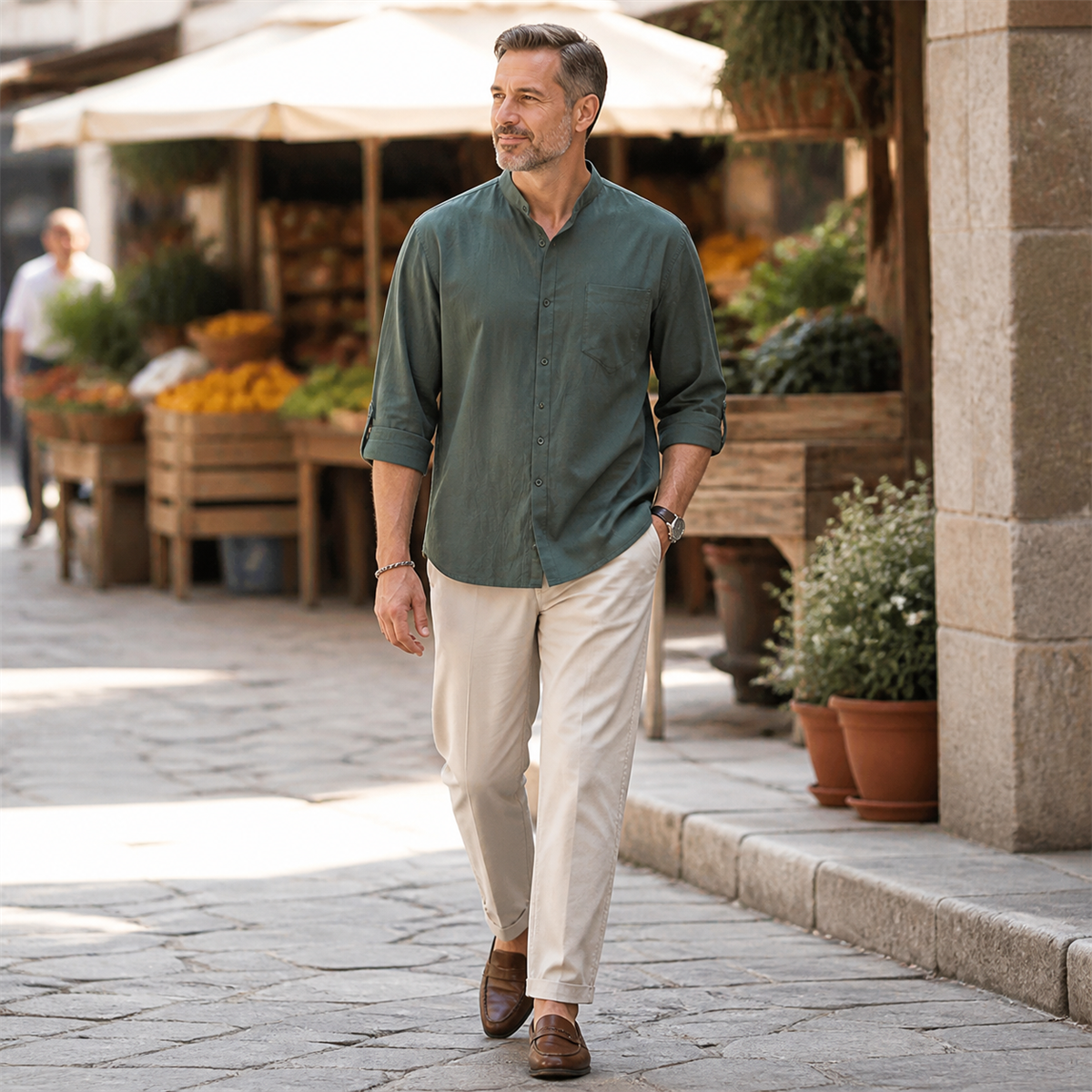 Men's Relaxed Mandarin-Collar Three-Quarter-Sleeve Button-Front Shirt - Styled with tailored separates