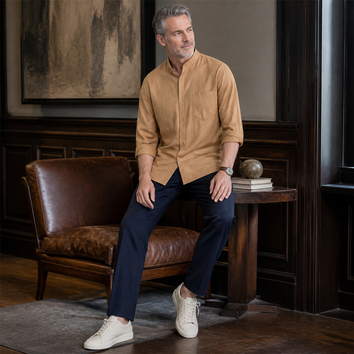 Men's Relaxed Mandarin-Collar Three-Quarter-Sleeve Button-Front Shirt - Styled for a relaxed weekend