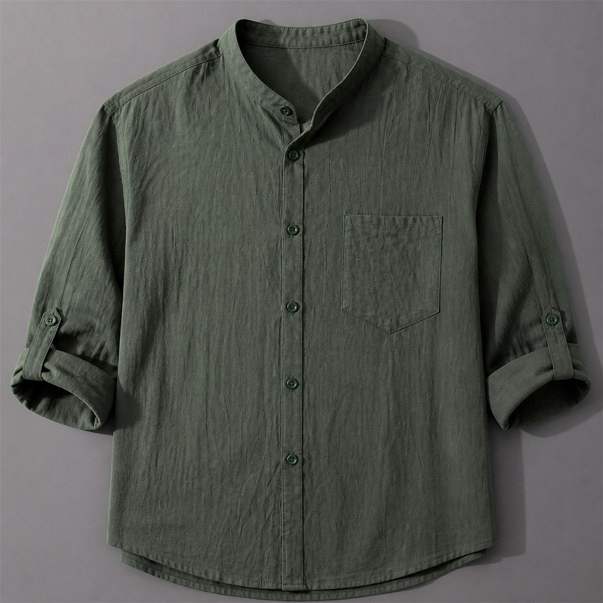 Men's Relaxed Mandarin-Collar Three-Quarter-Sleeve Button-Front Shirt - Detail of