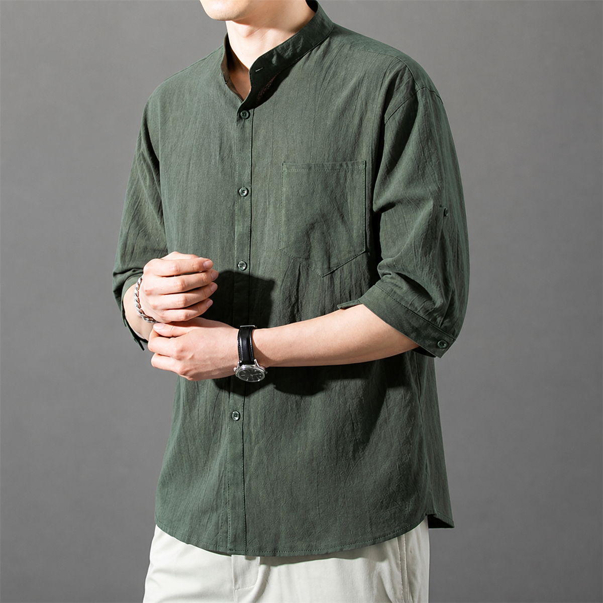 Men's Relaxed Mandarin-Collar Three-Quarter-Sleeve Button-Front Shirt - Clean mandarin collar and full button-front construction