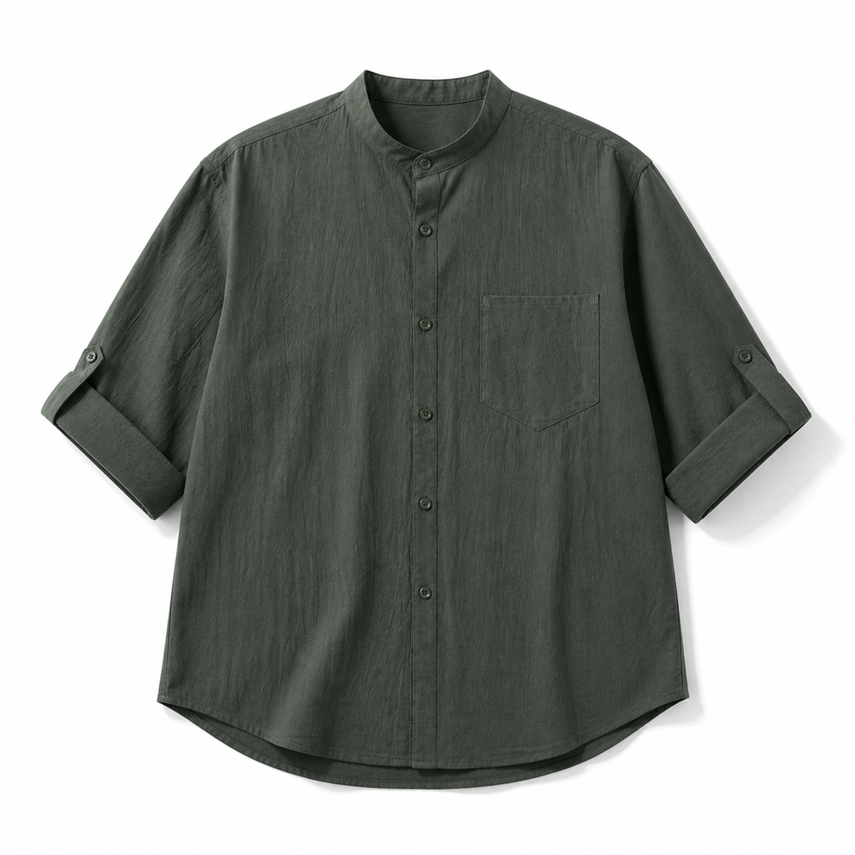 Men's Relaxed Mandarin-Collar Three-Quarter-Sleeve Button-Front Shirt - Detail of