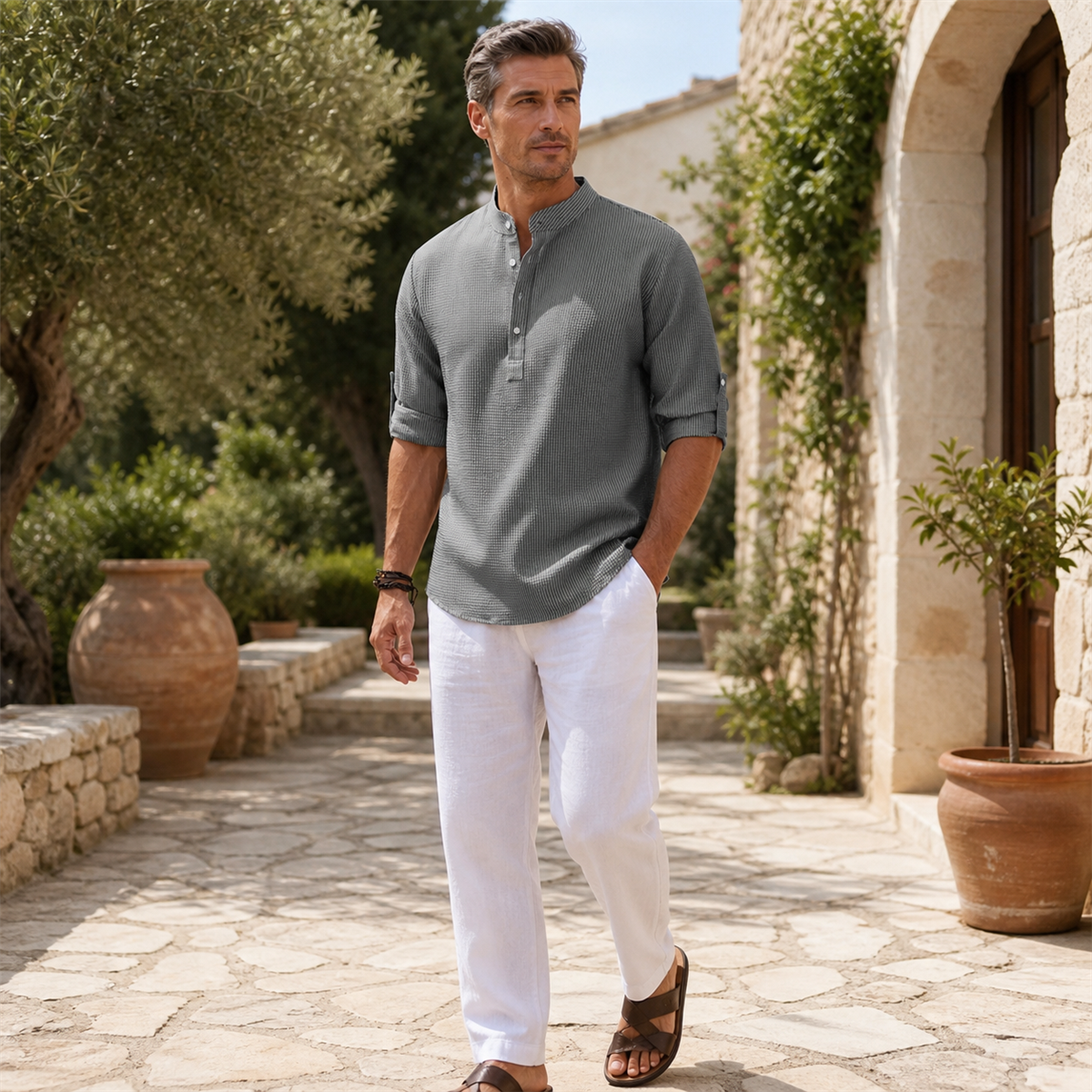 Men's Textured Band-Collar Roll-Tab Sleeve Henley Shirt - Worn in a relaxed everyday setting
