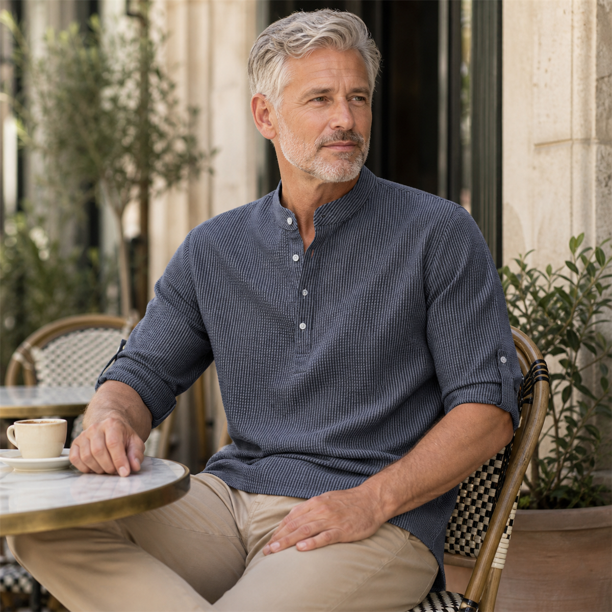 Men's Textured Band-Collar Roll-Tab Sleeve Henley Shirt - Worn during an easy weekend outing