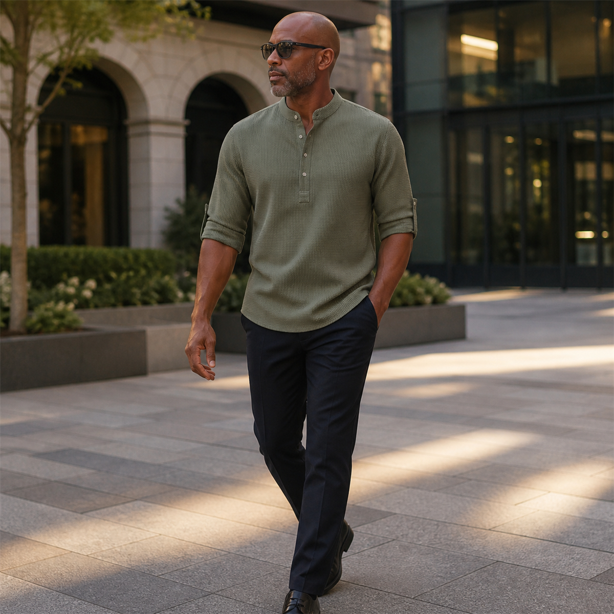 Men's Textured Band-Collar Roll-Tab Sleeve Henley Shirt - Worn in a bright casual setting