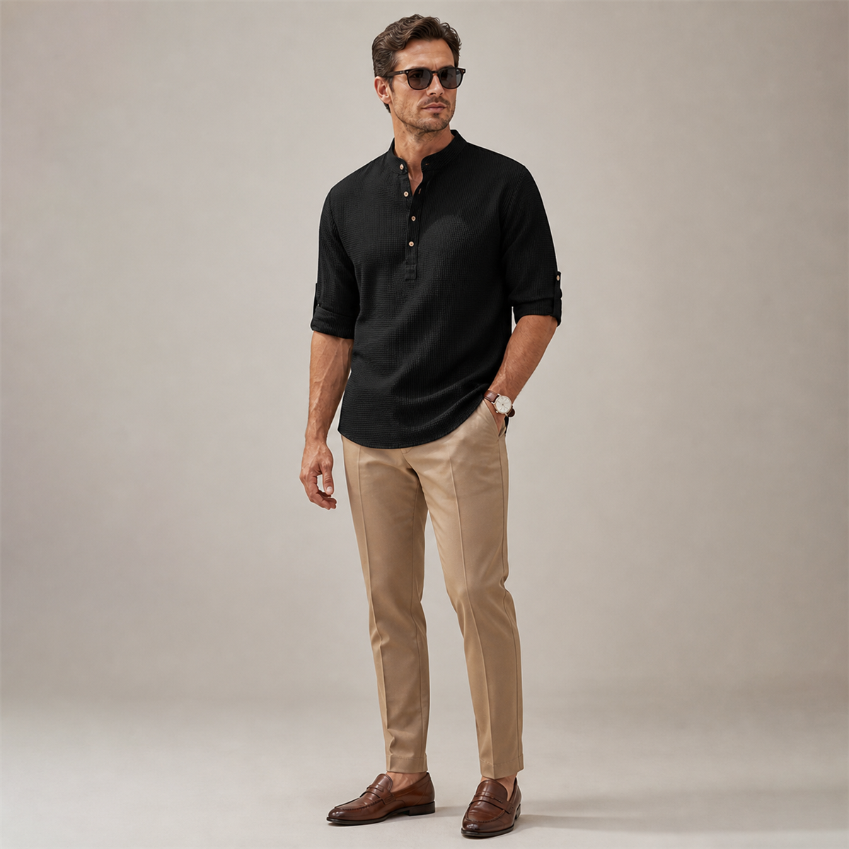 Men's Textured Band-Collar Roll-Tab Sleeve Henley Shirt - Styled with denim