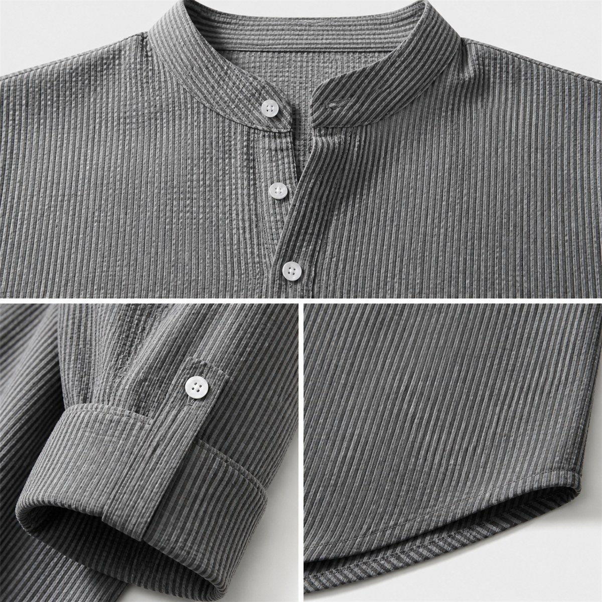 Men's Textured Band-Collar Roll-Tab Sleeve Henley Shirt - Detail of