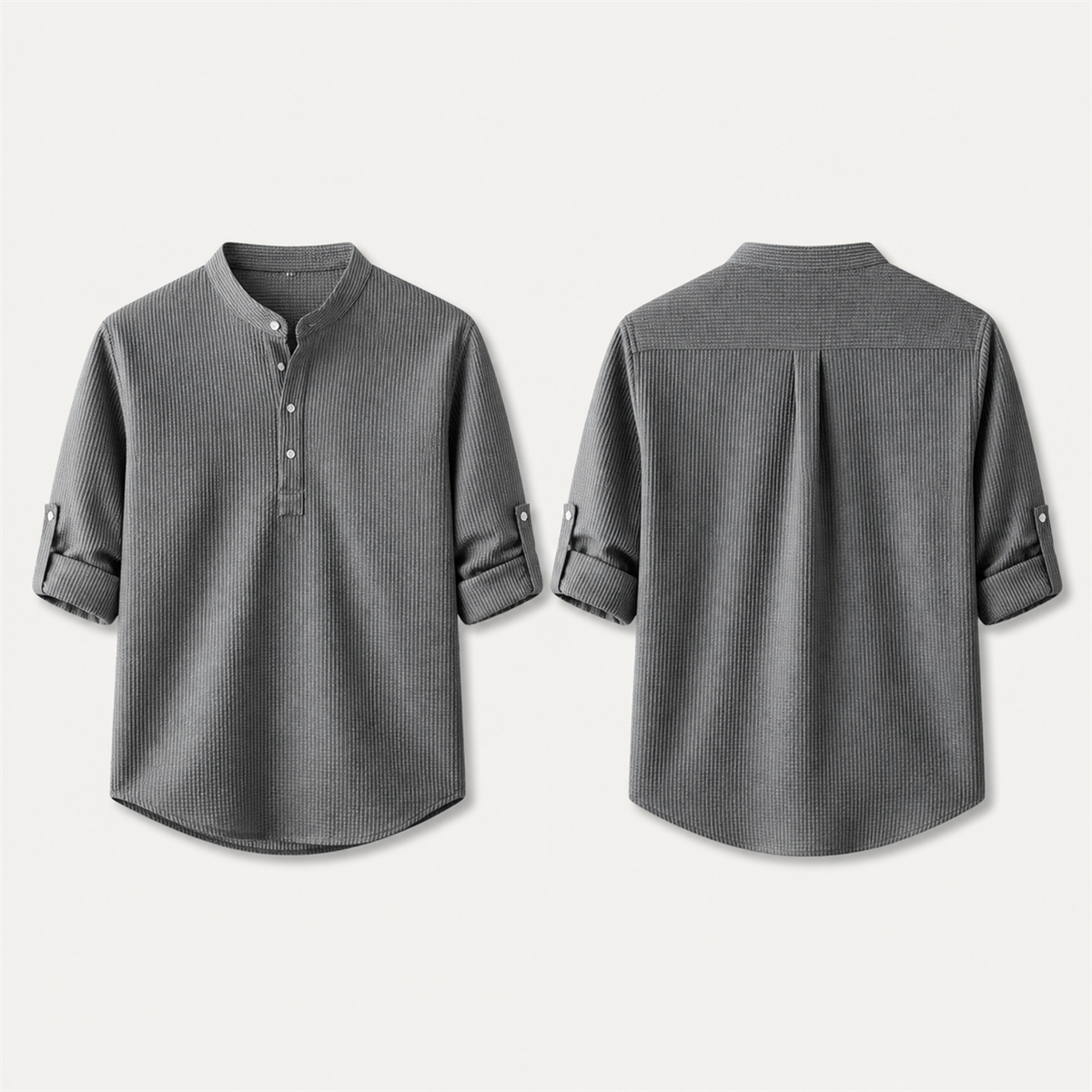Men's Textured Band-Collar Roll-Tab Sleeve Henley Shirt - Band collar with a short three-button Henley placket