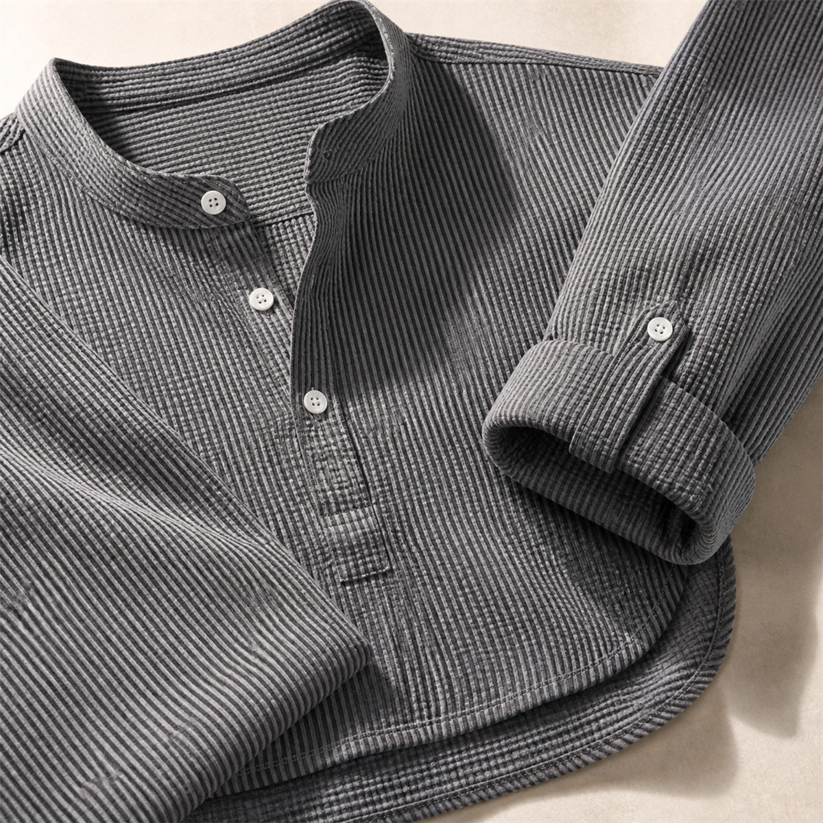 Men's Textured Band-Collar Roll-Tab Sleeve Henley Shirt - Detail of