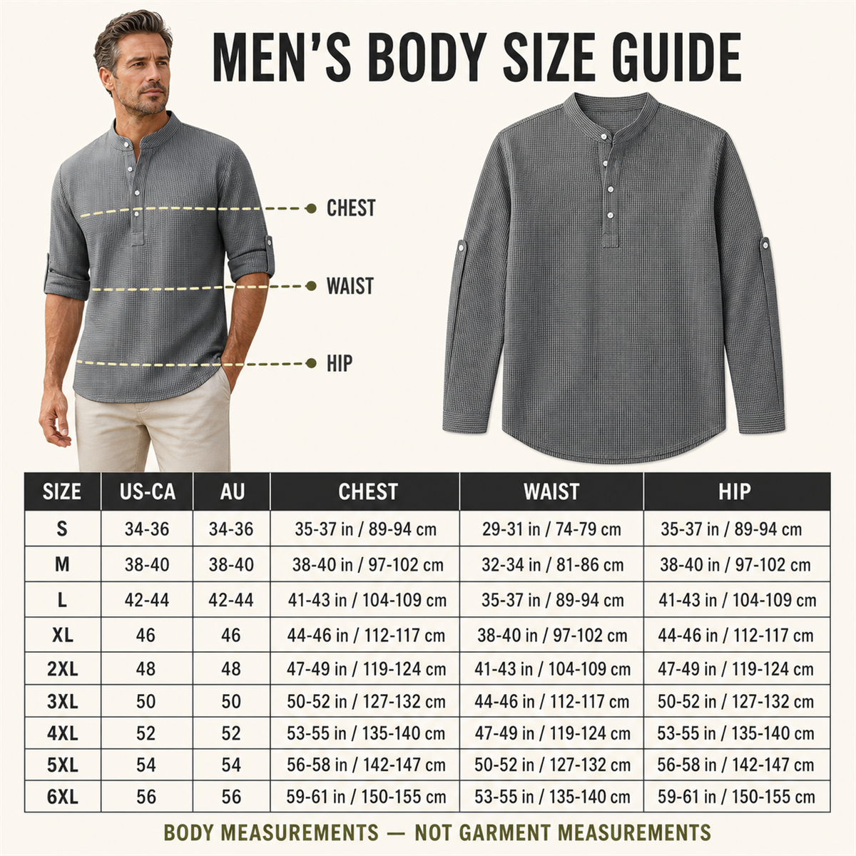 Men's Textured Band-Collar Roll-Tab Sleeve Henley Shirt - Fine textured surface that keeps the solid color visually distinctive