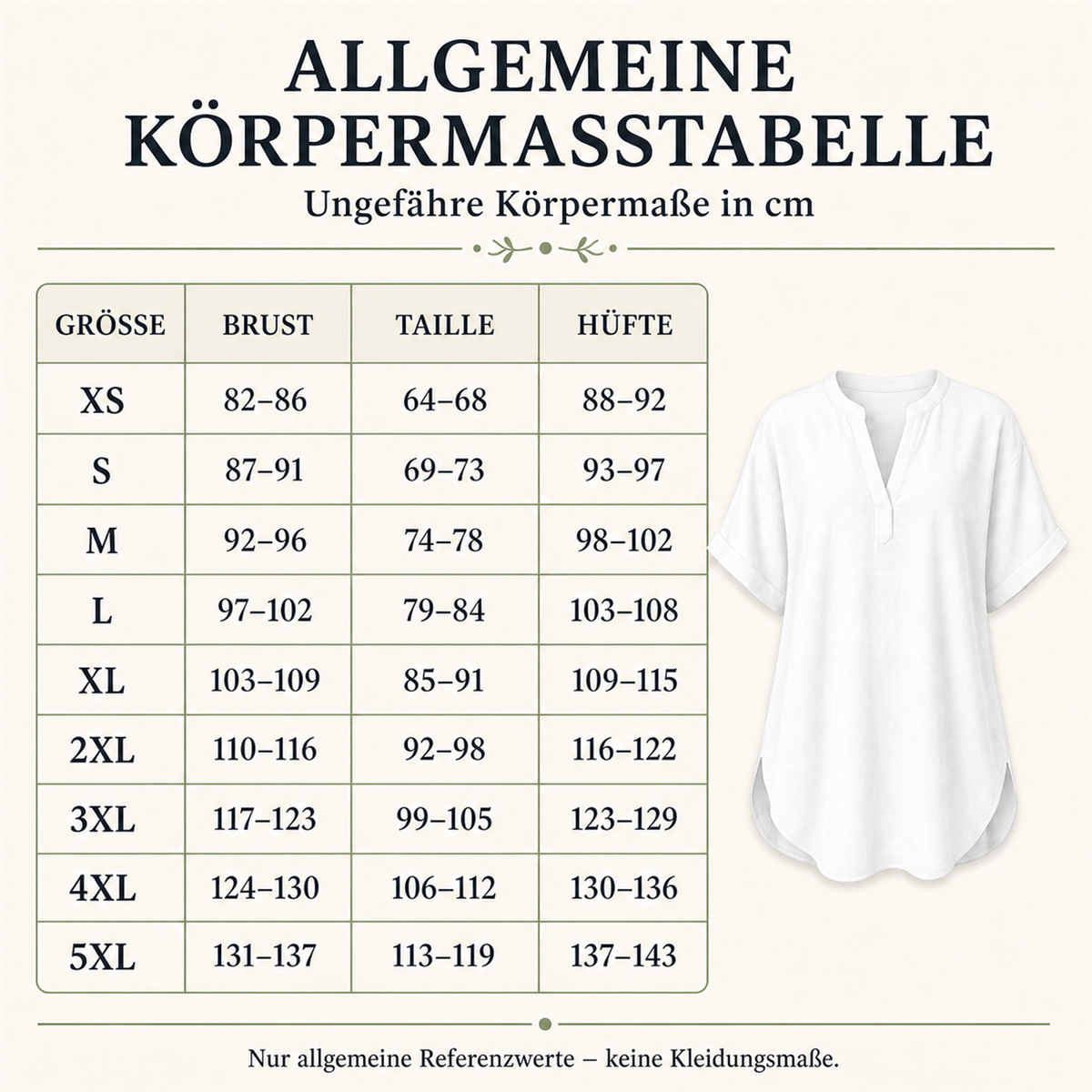 Allgemeine Damen-K&ouml;rperma&szlig;tabelle von XS bis 5XL