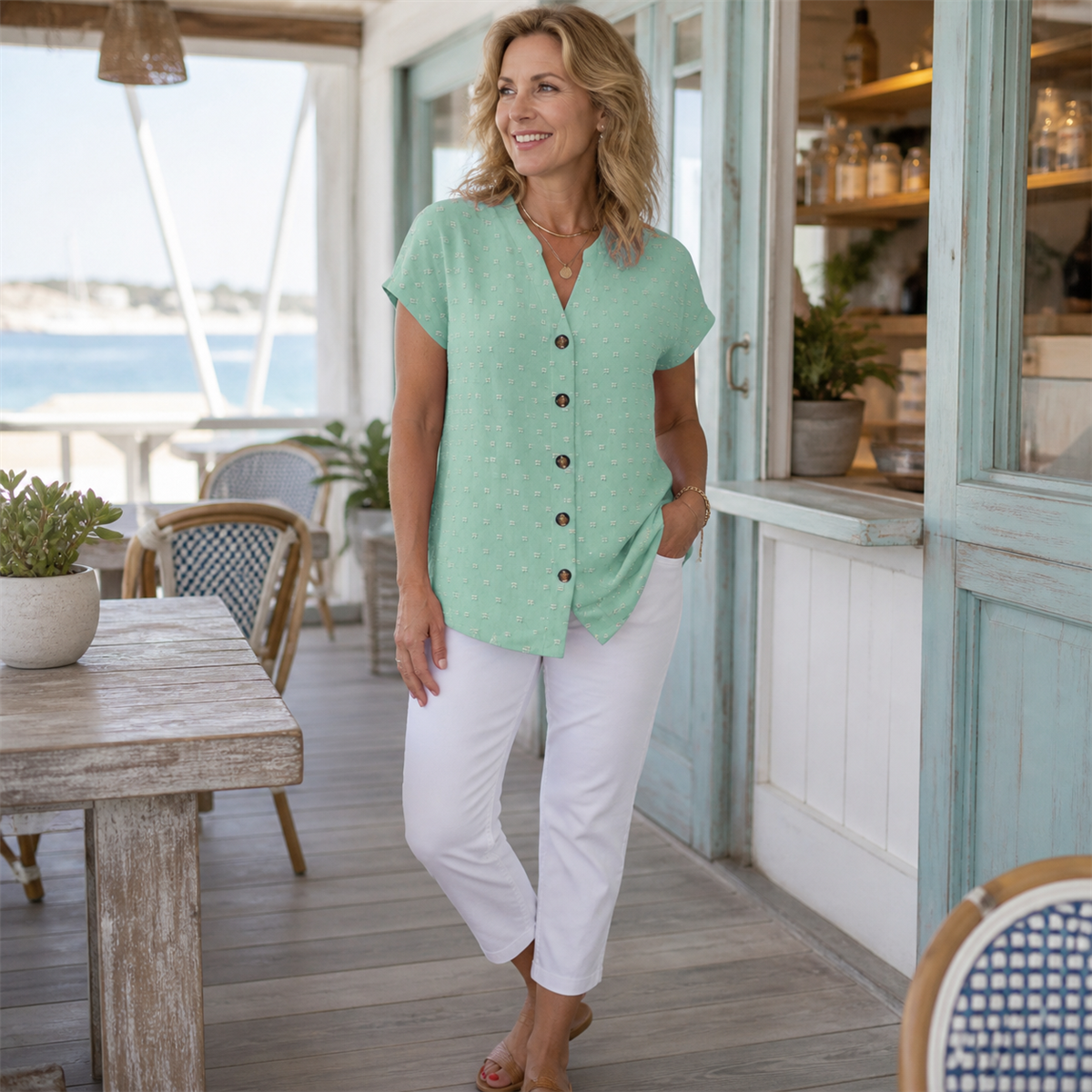 Women's Relaxed Swiss-Dot V-Neck Short-Sleeve Button-Front Blouse - Worn in a relaxed everyday setting