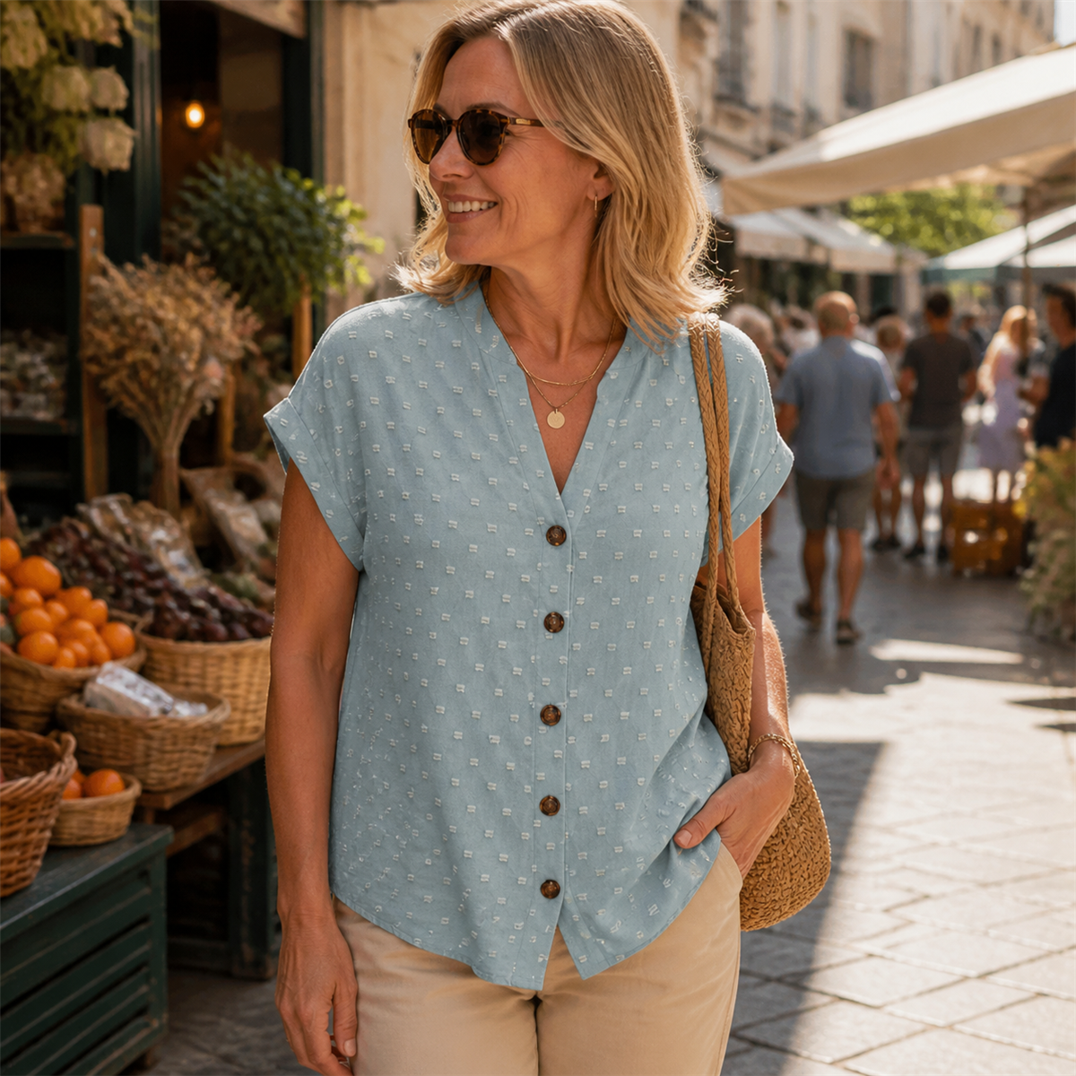 Women's Relaxed Swiss-Dot V-Neck Short-Sleeve Button-Front Blouse - Worn during an easy weekend outing
