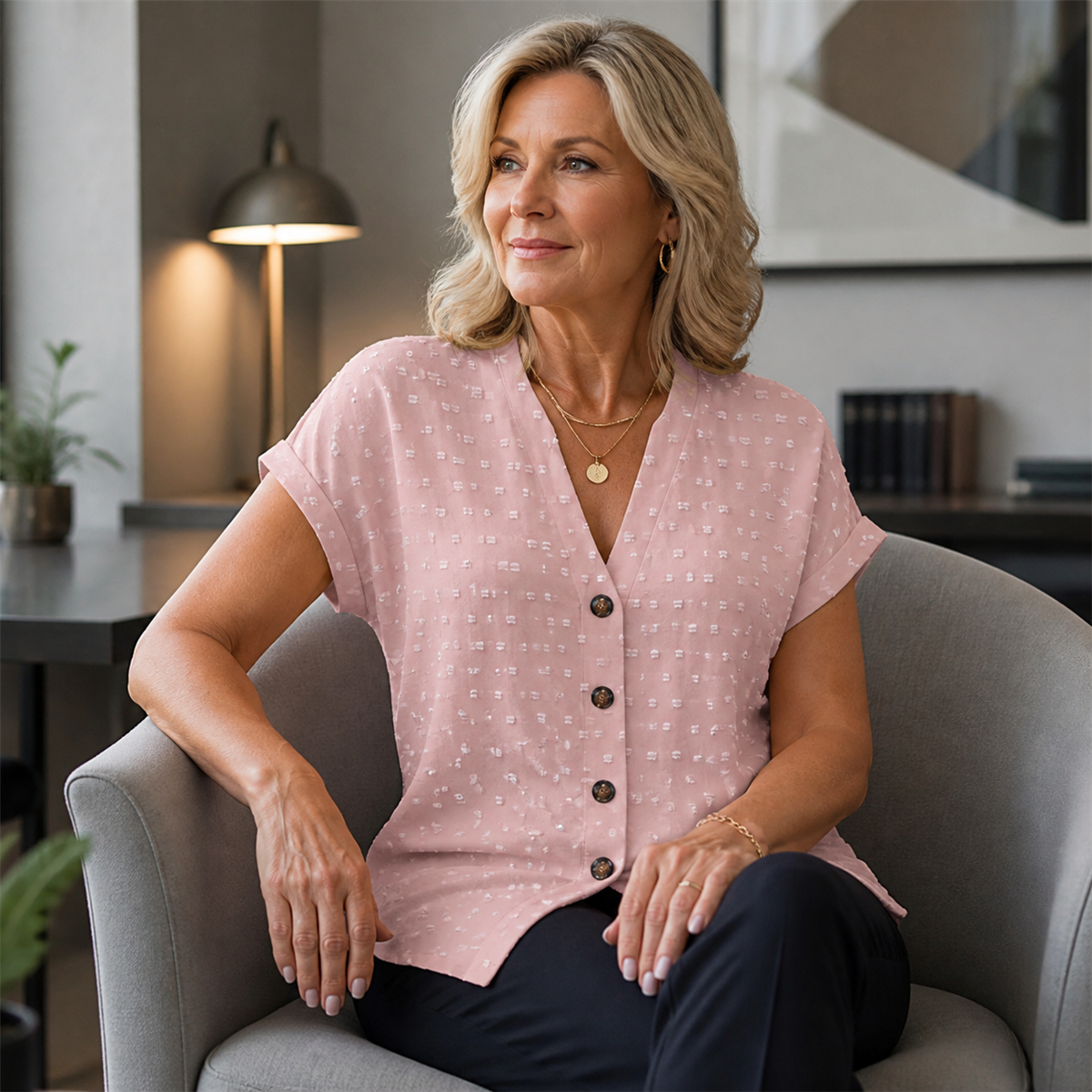 Women's Relaxed Swiss-Dot V-Neck Short-Sleeve Button-Front Blouse - Worn in a bright casual setting