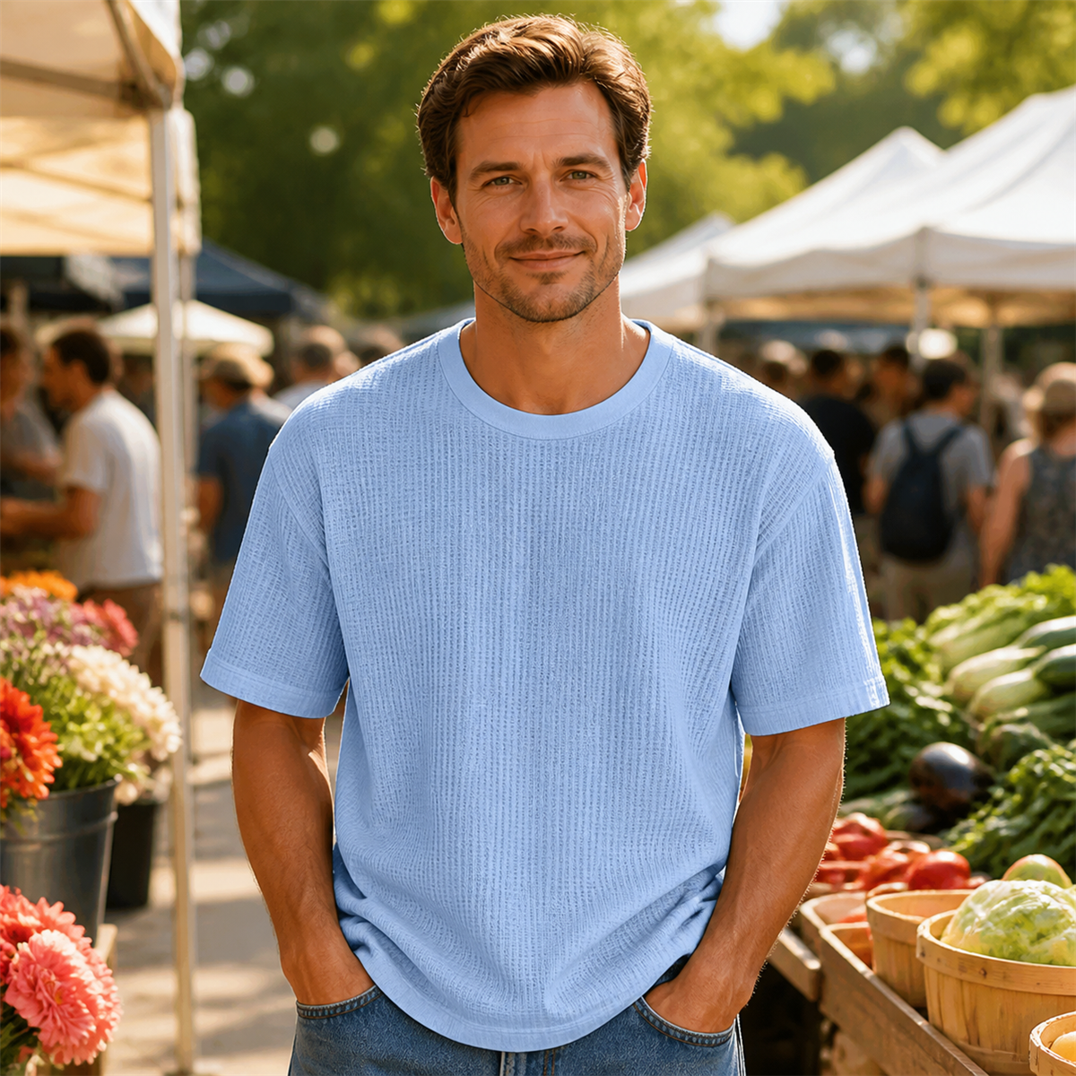 Men's Relaxed Textured Crewneck Short-Sleeve T-Shirt - Worn in a bright casual setting