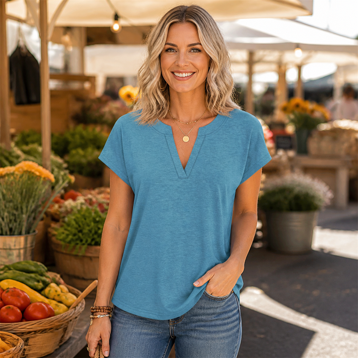 Women's Relaxed Notch-Neck Short-Sleeve Curved-Hem Top - Worn during an easy weekend outing