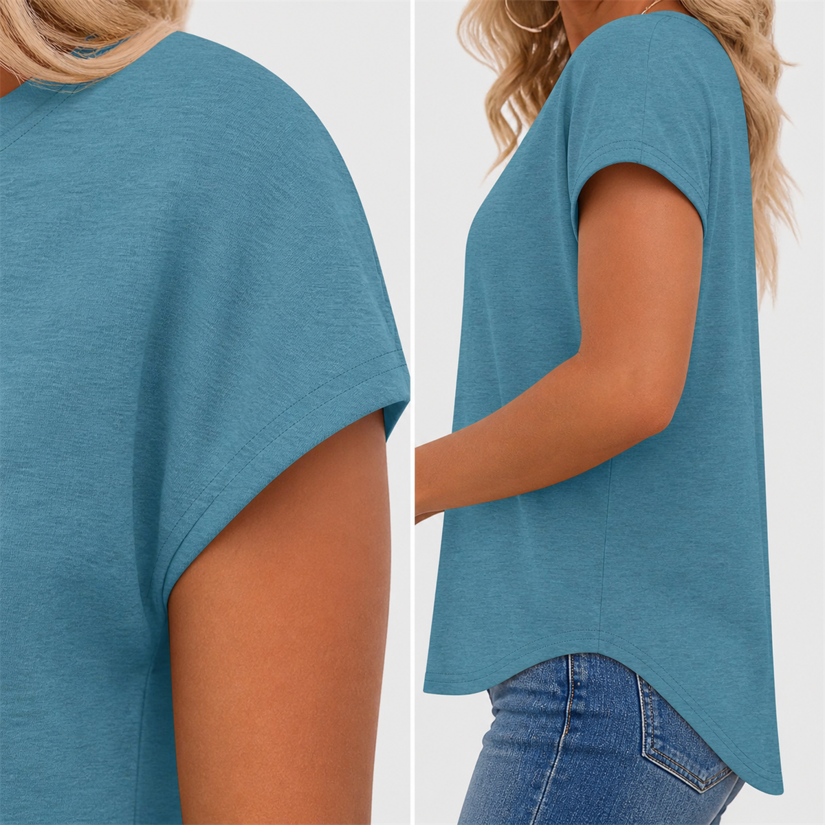 Women's Relaxed Notch-Neck Short-Sleeve Curved-Hem Top - Detail of