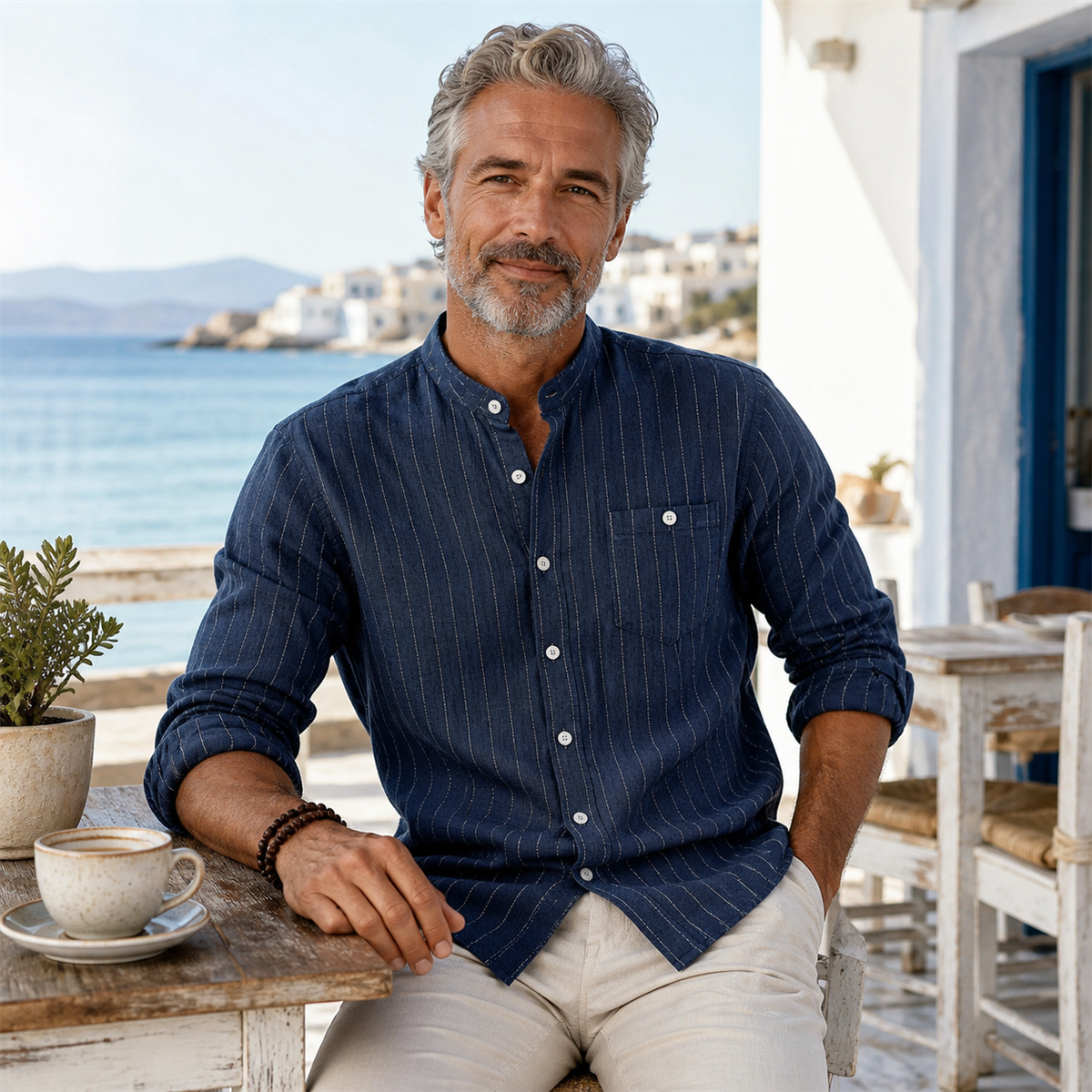 Men's Relaxed Striped Band-Collar Long-Sleeve Button-Front Shirt - Worn in a relaxed everyday setting
