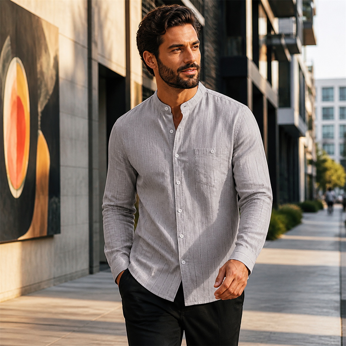Men's Relaxed Striped Band-Collar Long-Sleeve Button-Front Shirt - Worn during an easy weekend outing