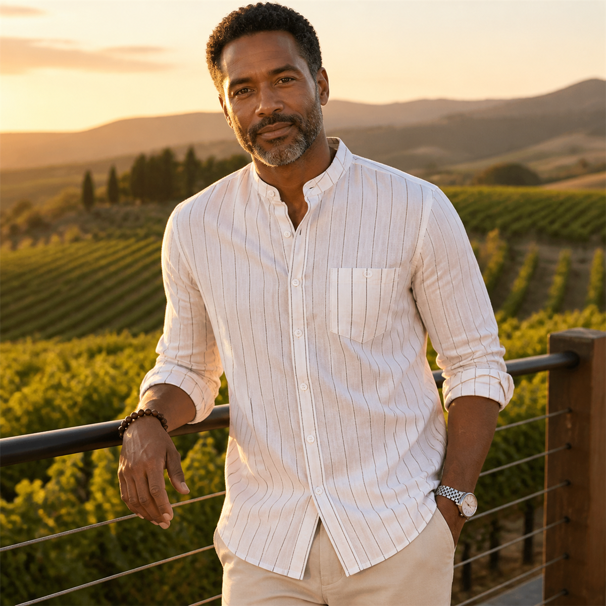 Men's Relaxed Striped Band-Collar Long-Sleeve Button-Front Shirt - Worn in a bright casual setting