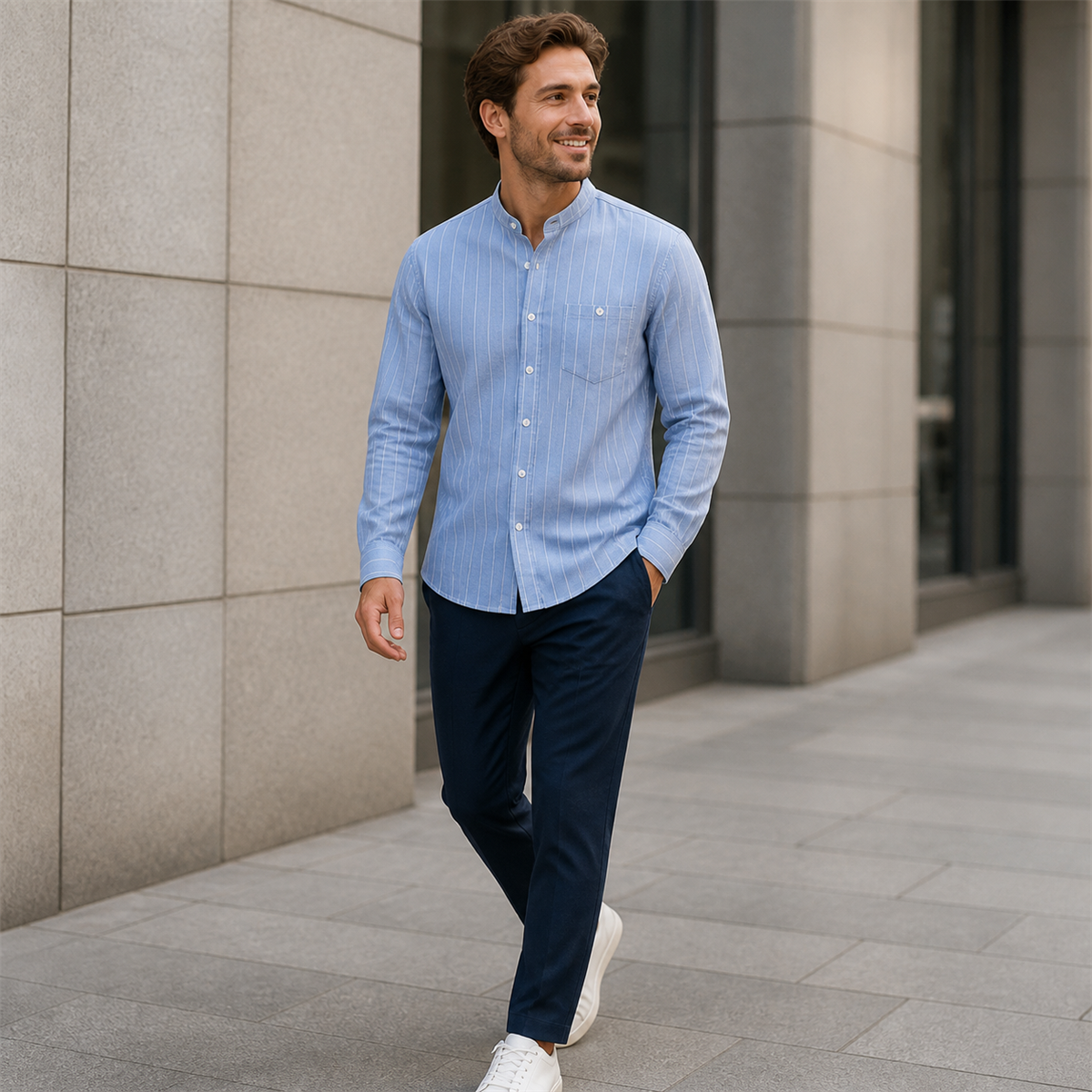 Men's Relaxed Striped Band-Collar Long-Sleeve Button-Front Shirt - Styled for a relaxed weekend